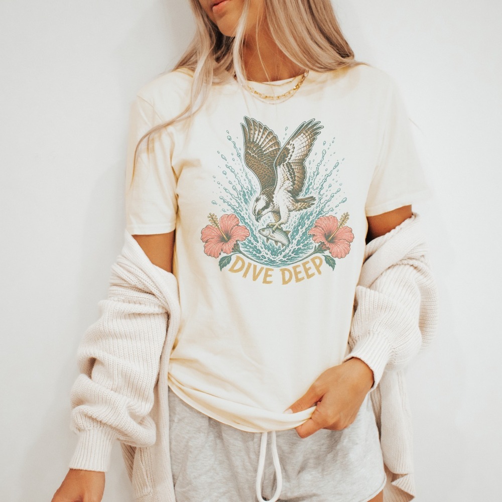 Dive Deep Hand Drawn Raptor Boho Vintage Style Tee
